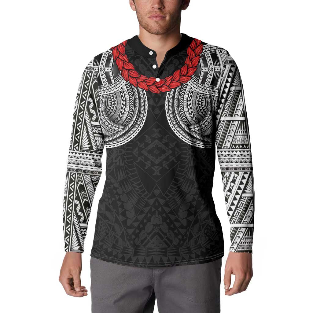 Samoan Traditional Art Tattoos Button Sweatshirt Tatau Tribal Motifs with Ula Fala Black - Polynesian Pride