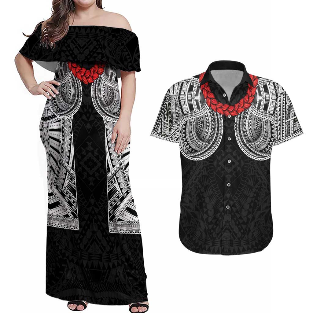 Samoan Traditional Art Tattoos Couples Matching Off Shoulder Maxi Dress and Hawaiian Shirt Tatau Tribal Motifs with Ula Fala Black - Polynesian Pride
