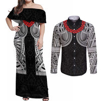 Samoan Traditional Art Tattoos Couples Matching Off Shoulder Maxi Dress and Long Sleeve Button Shirt Tatau Tribal Motifs with Ula Fala Black - Polynesian Pride
