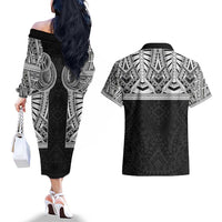 Samoan Traditional Art Tattoos Couples Matching Off The Shoulder Long Sleeve Dress and Hawaiian Shirt Tatau Tribal Motifs with Ula Fala Black - Polynesian Pride