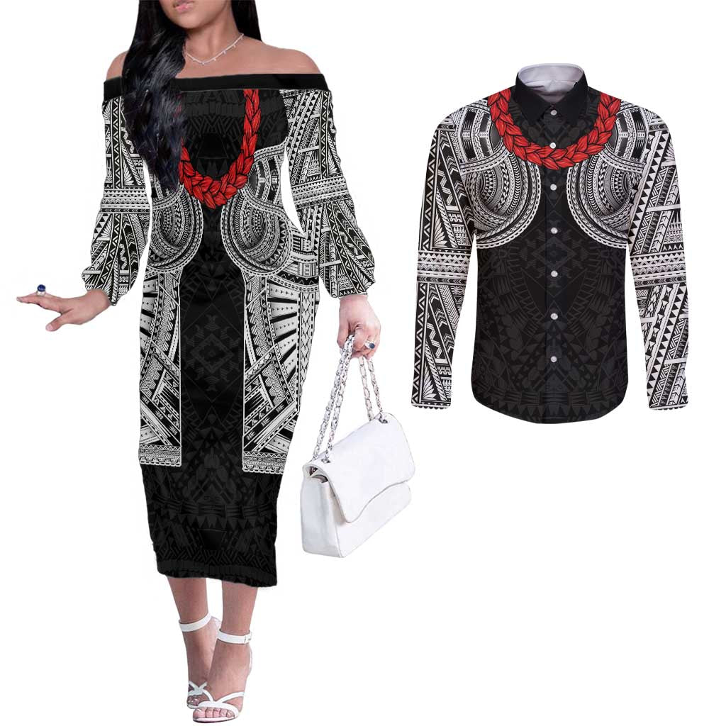 Samoan Traditional Art Tattoos Couples Matching Off The Shoulder Long Sleeve Dress and Long Sleeve Button Shirt Tatau Tribal Motifs with Ula Fala Black - Polynesian Pride
