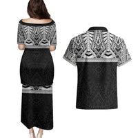 Samoan Traditional Art Tattoos Couples Matching Puletasi and Hawaiian Shirt Tatau Tribal Motifs with Ula Fala Black - Polynesian Pride