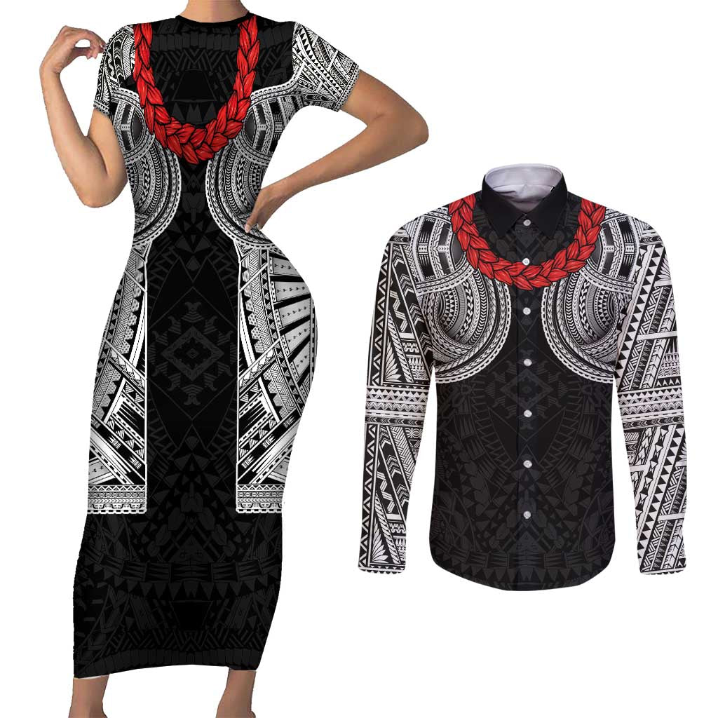 Samoan Traditional Art Tattoos Couples Matching Short Sleeve Bodycon Dress and Long Sleeve Button Shirt Tatau Tribal Motifs with Ula Fala Black - Polynesian Pride