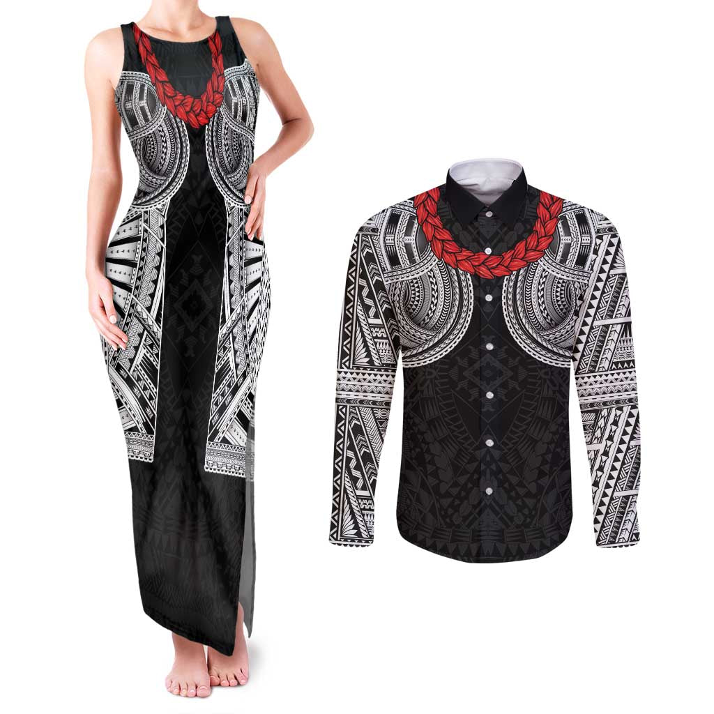 Samoan Traditional Art Tattoos Couples Matching Tank Maxi Dress and Long Sleeve Button Shirt Tatau Tribal Motifs with Ula Fala Black - Polynesian Pride