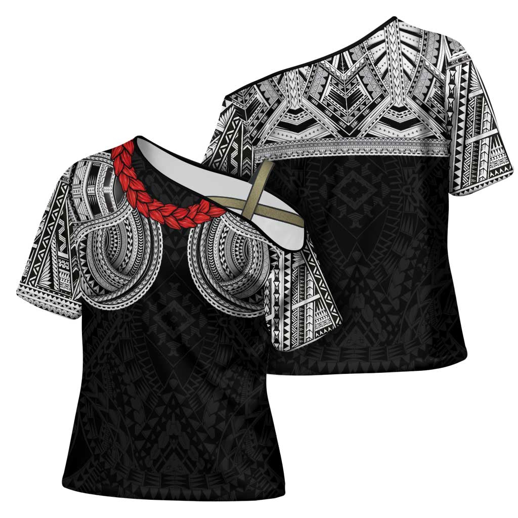 Samoan Traditional Art Tattoos Cross Shoulder Shirt Tatau Tribal Motifs with Ula Fala Black - Polynesian Pride
