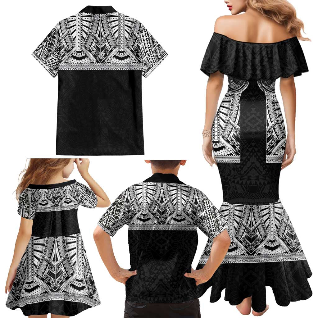 Samoan Traditional Art Tattoos Family Matching Mermaid Dress and Hawaiian Shirt Tatau Tribal Motifs with Ula Fala Black - Polynesian Pride