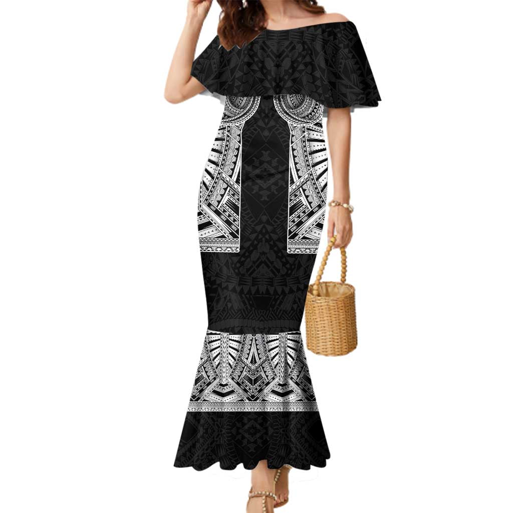 Samoan Traditional Art Tattoos Family Matching Mermaid Dress and Hawaiian Shirt Tatau Tribal Motifs with Ula Fala Black - Polynesian Pride