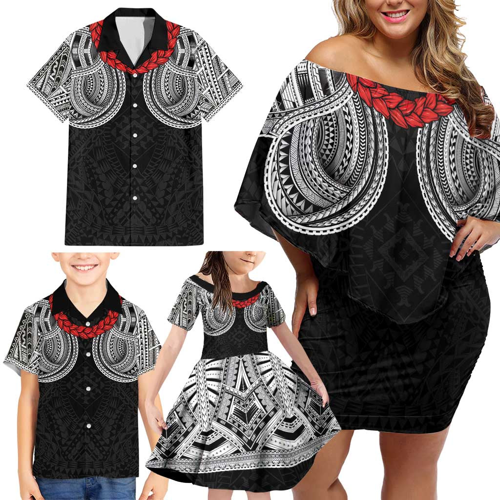 Samoan Traditional Art Tattoos Family Matching Off Shoulder Short Dress and Hawaiian Shirt Tatau Tribal Motifs with Ula Fala Black - Polynesian Pride