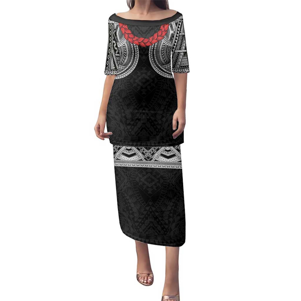 Samoan Traditional Art Tattoos Family Matching Puletasi and Hawaiian Shirt Tatau Tribal Motifs with Ula Fala Black - Polynesian Pride