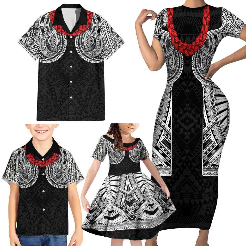 Samoan Traditional Art Tattoos Family Matching Short Sleeve Bodycon Dress and Hawaiian Shirt Tatau Tribal Motifs with Ula Fala Black - Polynesian Pride