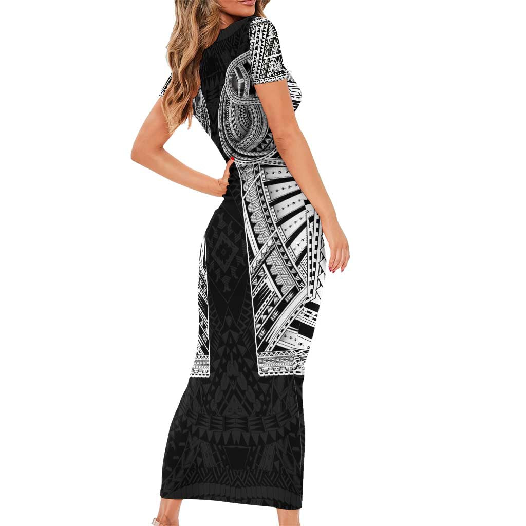 Samoan Traditional Art Tattoos Family Matching Short Sleeve Bodycon Dress and Hawaiian Shirt Tatau Tribal Motifs with Ula Fala Black - Polynesian Pride