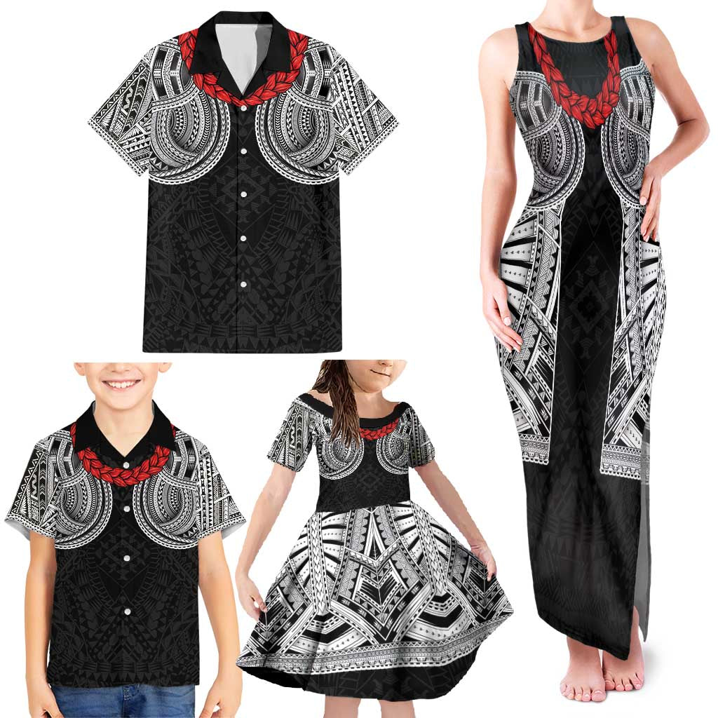 Samoan Traditional Art Tattoos Family Matching Tank Maxi Dress and Hawaiian Shirt Tatau Tribal Motifs with Ula Fala Black - Polynesian Pride