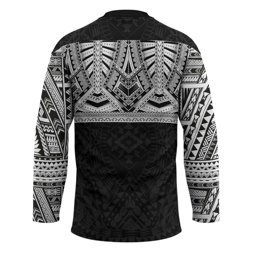 Samoan Traditional Art Tattoos Hockey Jersey Tatau Tribal Motifs with Ula Fala Black - Polynesian Pride