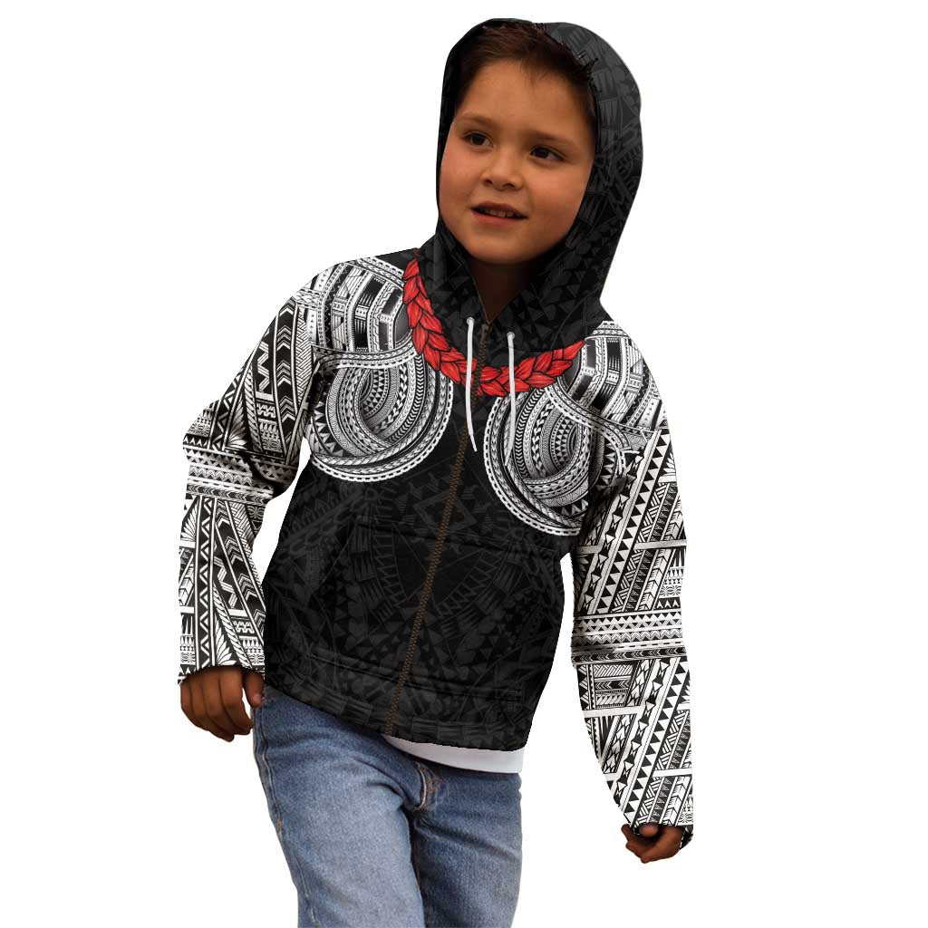 Samoan Traditional Art Tattoos Kid Hoodie Tatau Tribal Motifs with Ula Fala Black - Polynesian Pride