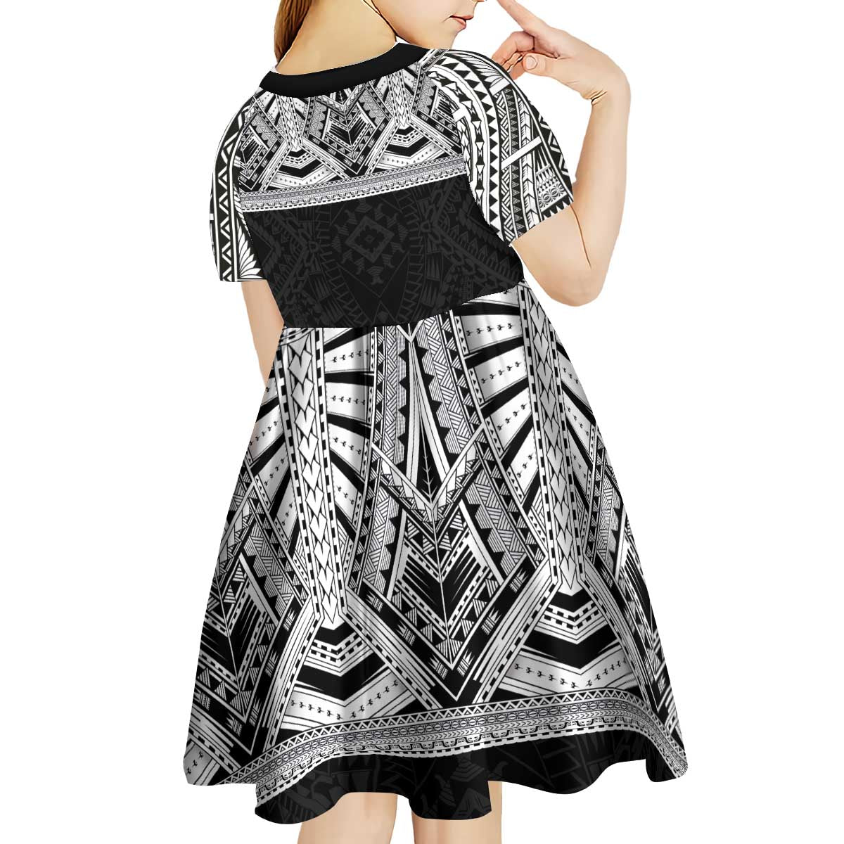 Samoan Traditional Art Tattoos Kid Short Sleeve Dress Tatau Tribal Motifs with Ula Fala Black - Polynesian Pride