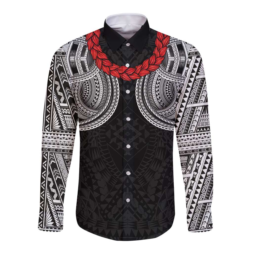 Samoan Traditional Art Tattoos Long Sleeve Button Shirt Tatau Tribal Motifs with Ula Fala Black - Polynesian Pride