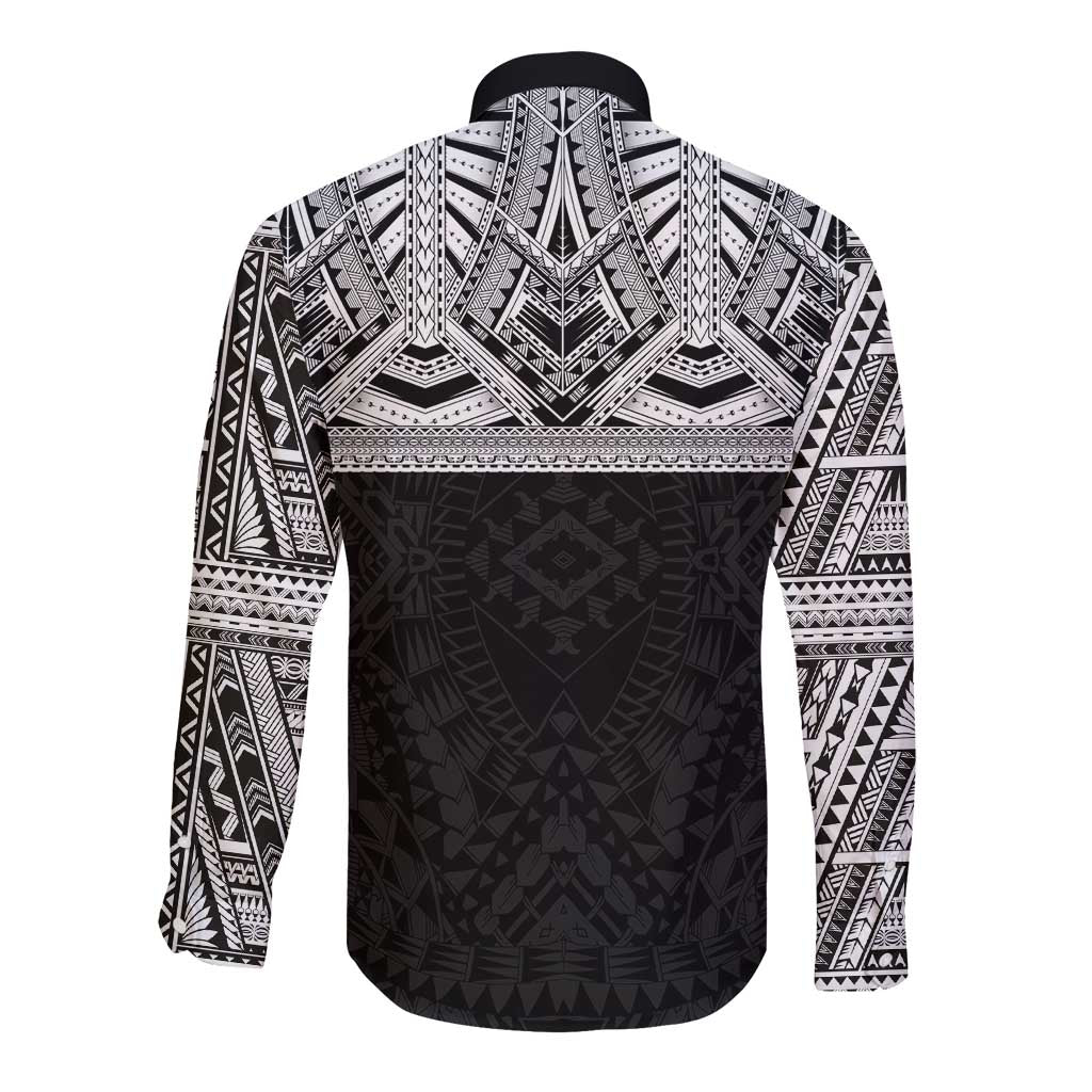 Samoan Traditional Art Tattoos Long Sleeve Button Shirt Tatau Tribal Motifs with Ula Fala Black - Polynesian Pride