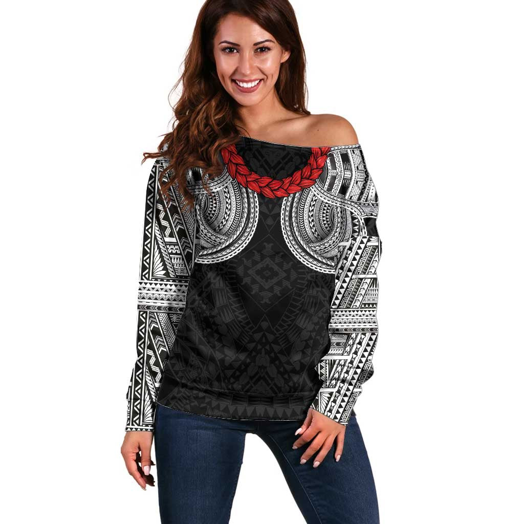Samoan Traditional Art Tattoos Off Shoulder Sweater Tatau Tribal Motifs with Ula Fala Black - Polynesian Pride