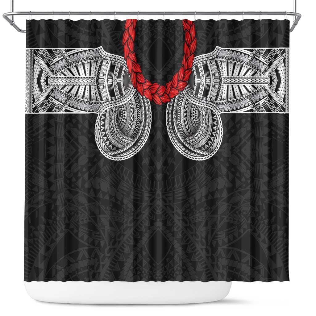 Samoan Traditional Art Tattoos Shower Curtain Tatau Tribal Motifs with Ula Fala Black - Polynesian Pride