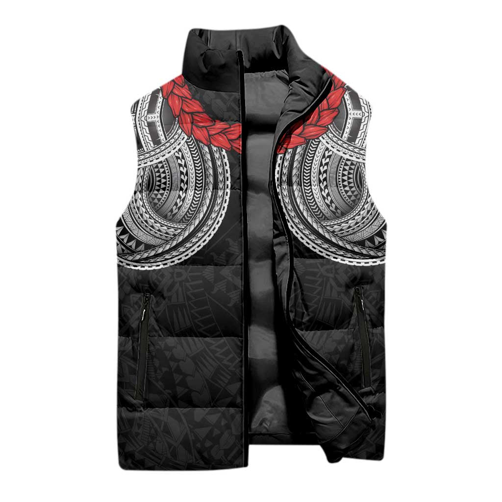Samoan Traditional Art Tattoos Sleeveless Puffer Jacket Tatau Tribal Motifs with Ula Fala Black - Polynesian Pride