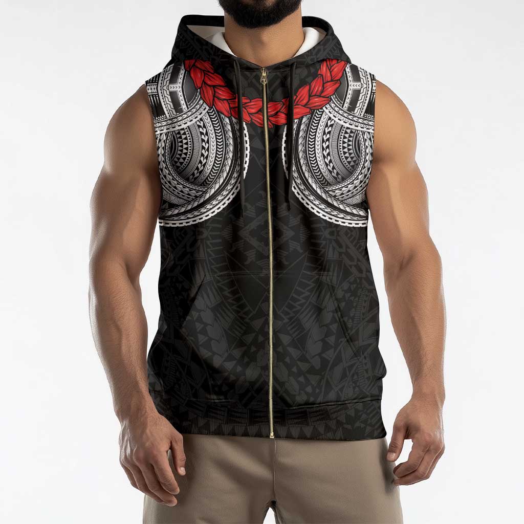 Samoan Traditional Art Tattoos Sleeveless Zip Hoodie Tatau Tribal Motifs with Ula Fala Black - Polynesian Pride