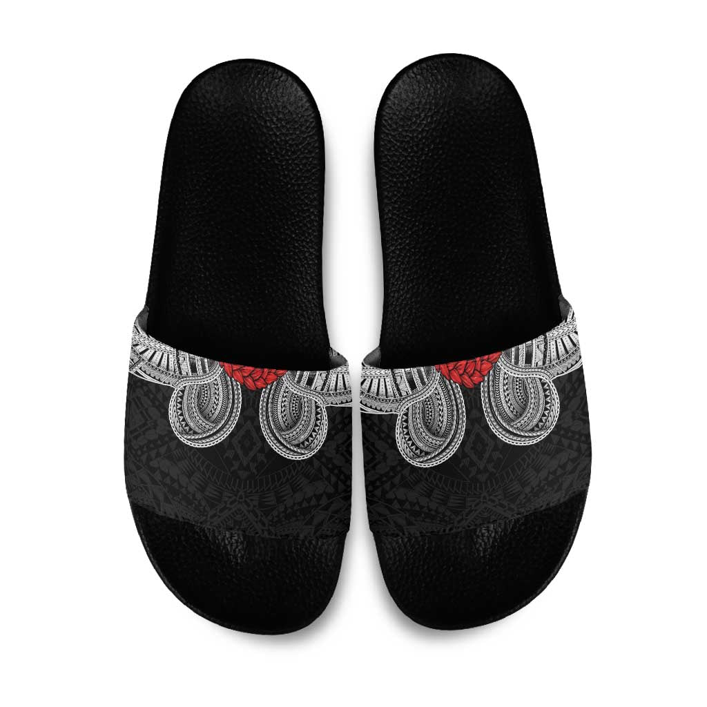Samoan Traditional Art Tattoos Slide Sandals Tatau Tribal Motifs with Ula Fala Black - Polynesian Pride