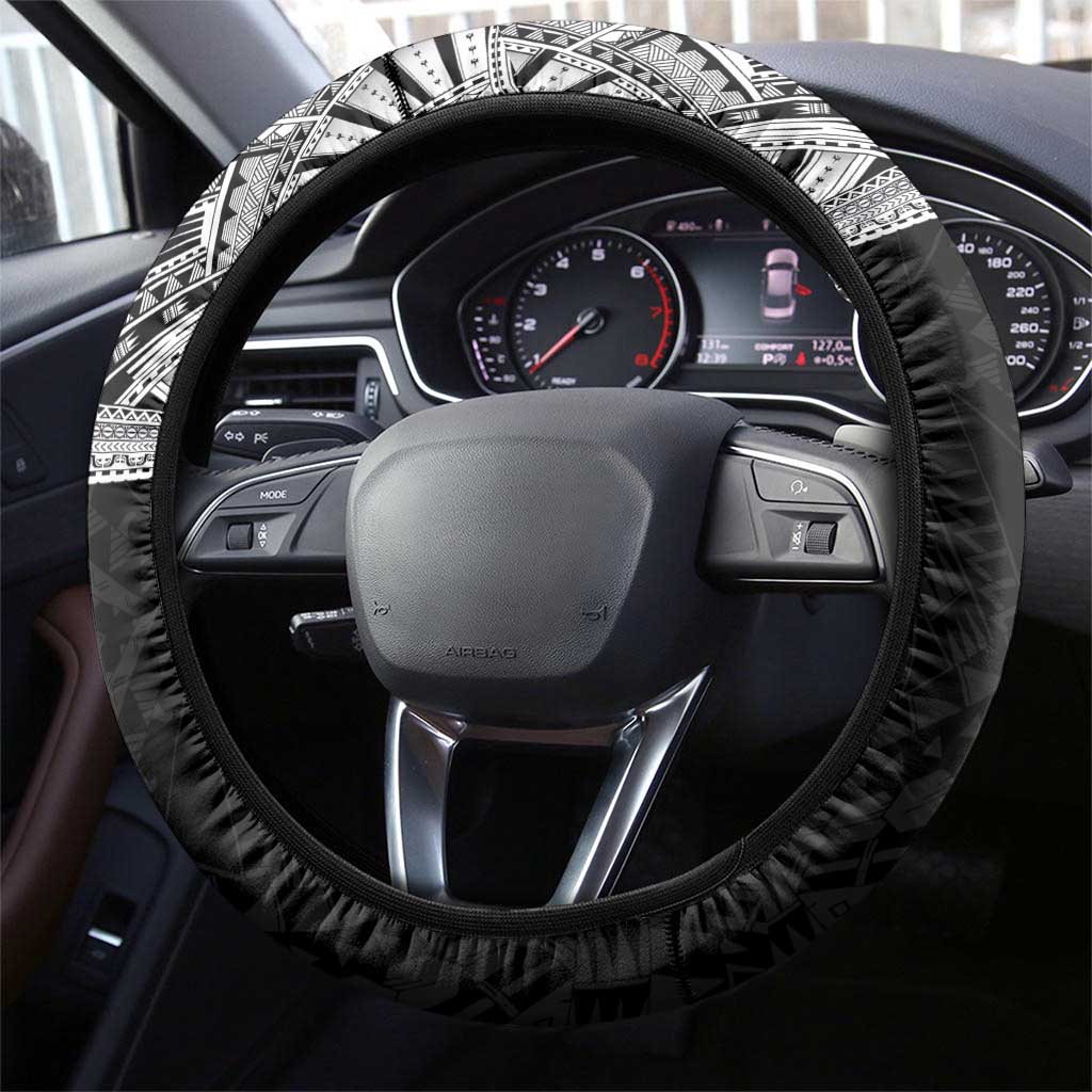 Samoan Traditional Art Tattoos Steering Wheel Cover Tatau Tribal Motifs with Ula Fala Black - Polynesian Pride