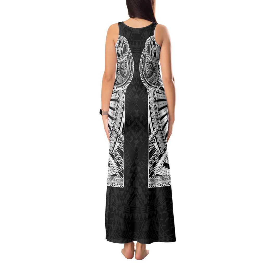 Samoan Traditional Art Tattoos Tank Maxi Dress Tatau Tribal Motifs with Ula Fala Black - Polynesian Pride
