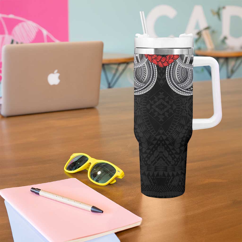 Samoan Traditional Art Tattoos Tumbler With Handle Tatau Tribal Motifs with Ula Fala Black - Polynesian Pride