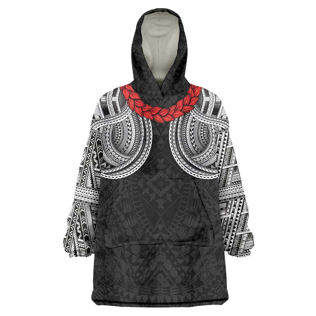 Samoan Traditional Art Tattoos Wearable Blanket Hoodie Tatau Tribal Motifs with Ula Fala Black - Polynesian Pride