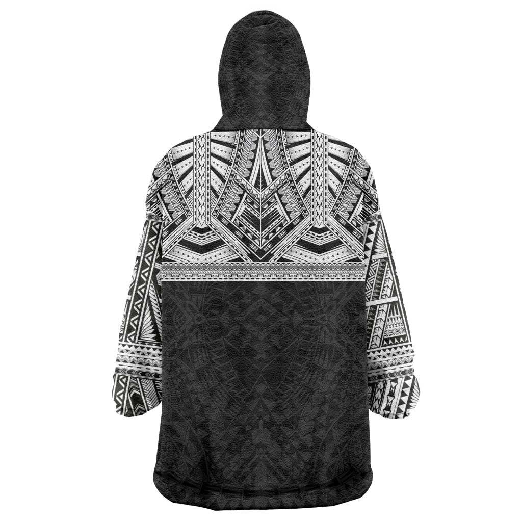 Samoan Traditional Art Tattoos Wearable Blanket Hoodie Tatau Tribal Motifs with Ula Fala Black - Polynesian Pride