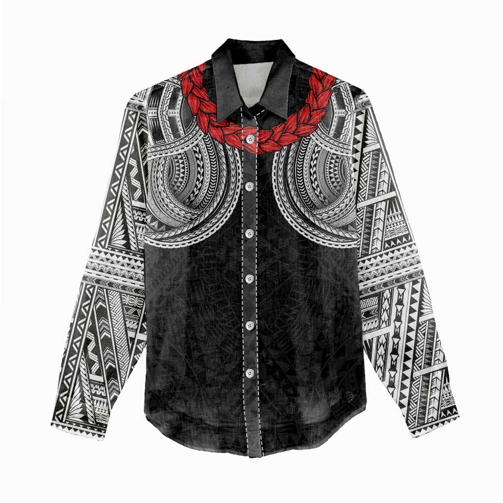 Samoan Traditional Art Tattoos Women Casual Shirt Tatau Tribal Motifs with Ula Fala Black - Polynesian Pride