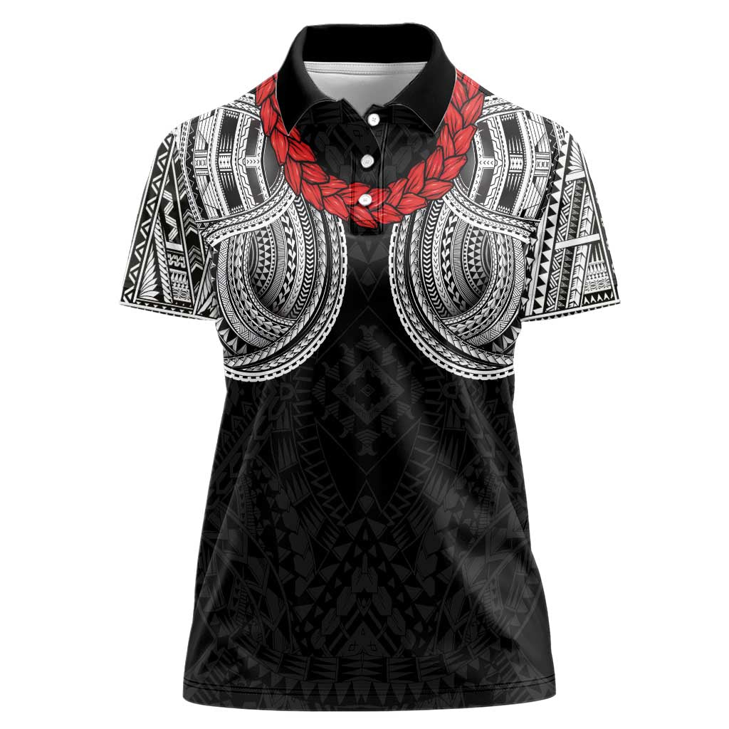 Samoan Traditional Art Tattoos Women Polo Shirt Tatau Tribal Motifs with Ula Fala Black - Polynesian Pride