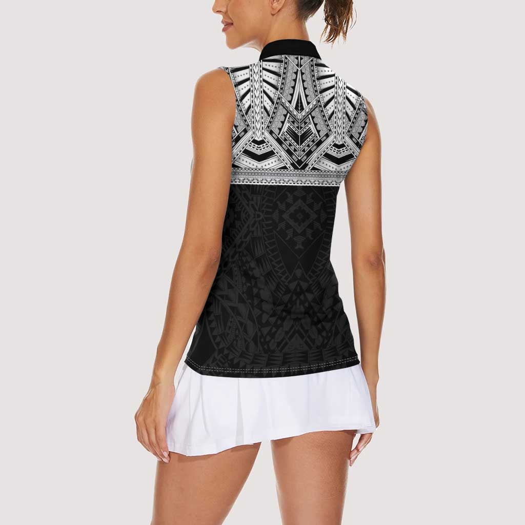 Samoan Traditional Art Tattoos Women Sleeveless Polo Shirt Tatau Tribal Motifs with Ula Fala Black - Polynesian Pride