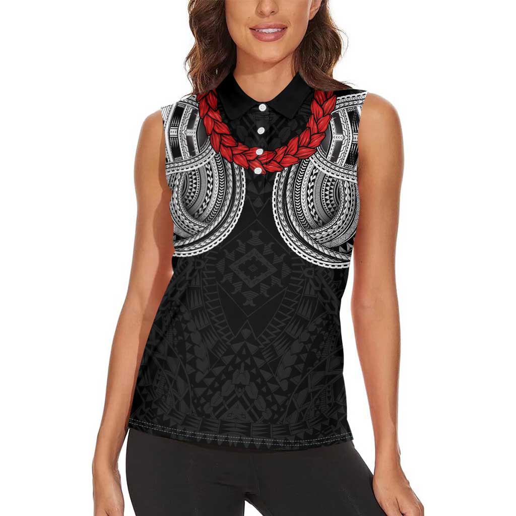 Samoan Traditional Art Tattoos Women Sleeveless Polo Shirt Tatau Tribal Motifs with Ula Fala Black - Polynesian Pride