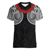 Samoan Traditional Art Tattoos Women V-Neck T-Shirt Tatau Tribal Motifs with Ula Fala Black - Polynesian Pride