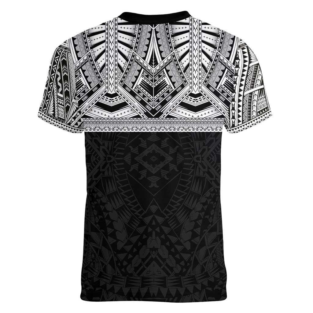 Samoan Traditional Art Tattoos Women V-Neck T-Shirt Tatau Tribal Motifs with Ula Fala Black - Polynesian Pride