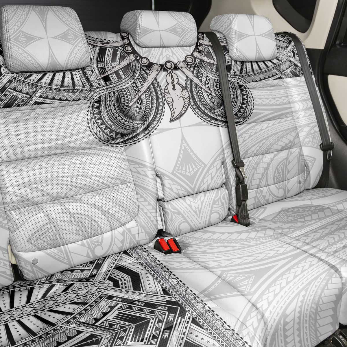 Samoan Traditional Art Tattoos Back Car Seat Cover Tatau Tribal Motifs with Ula Nifo White - Polynesian Pride