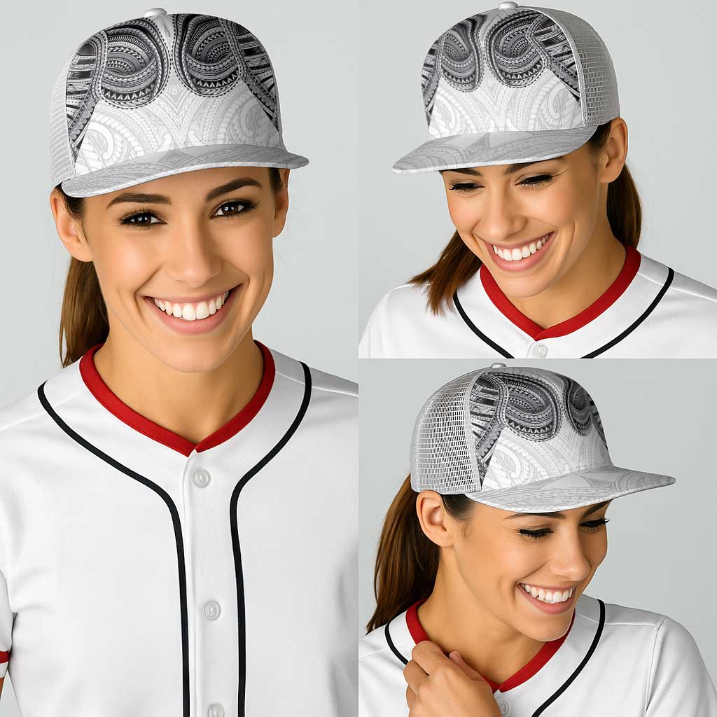 Samoan Traditional Art Tattoos Baseball Net Cap Tatau Tribal Motifs with Ula Nifo White - Polynesian Pride