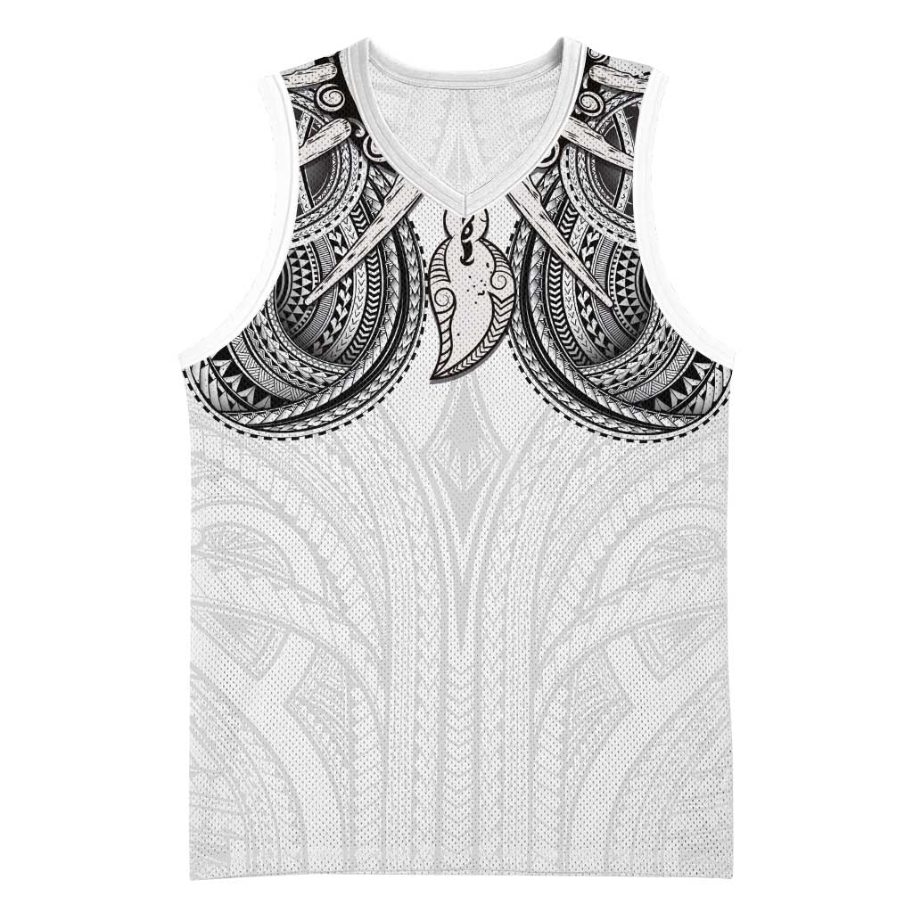 Samoan Traditional Art Tattoos Basketball Jersey Tatau Tribal Motifs with Ula Nifo White - Polynesian Pride