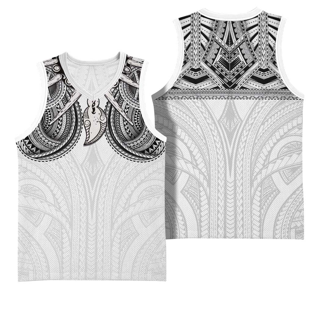 Samoan Traditional Art Tattoos Basketball Jersey Tatau Tribal Motifs with Ula Nifo White - Polynesian Pride
