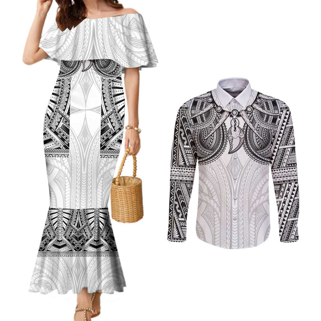 Samoan Traditional Art Tattoos Couples Matching Mermaid Dress and Long Sleeve Button Shirt Tatau Tribal Motifs with Ula Nifo White - Polynesian Pride