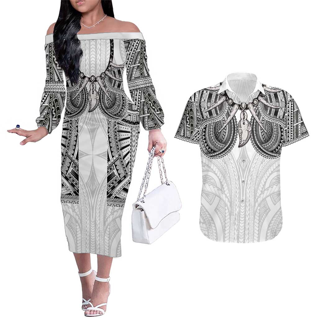 Samoan Traditional Art Tattoos Couples Matching Off The Shoulder Long Sleeve Dress and Hawaiian Shirt Tatau Tribal Motifs with Ula Nifo White - Polynesian Pride