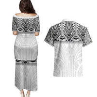 Samoan Traditional Art Tattoos Couples Matching Puletasi and Hawaiian Shirt Tatau Tribal Motifs with Ula Nifo White - Polynesian Pride