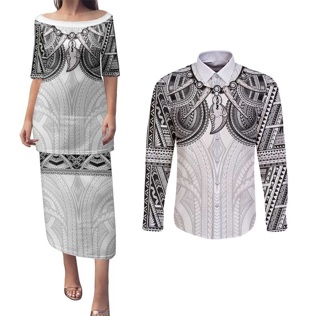 Samoan Traditional Art Tattoos Couples Matching Puletasi and Long Sleeve Button Shirt Tatau Tribal Motifs with Ula Nifo White - Polynesian Pride