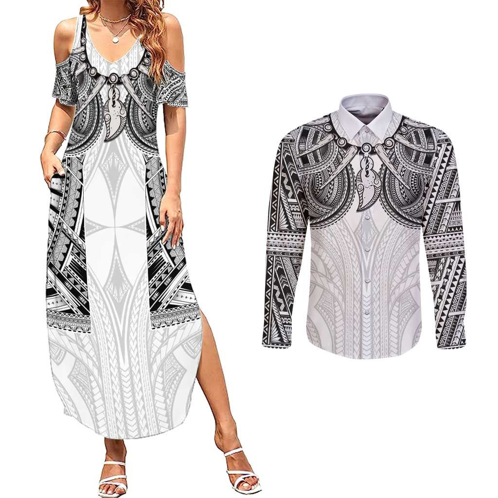 Samoan Traditional Art Tattoos Couples Matching Summer Maxi Dress and Long Sleeve Button Shirt Tatau Tribal Motifs with Ula Nifo White - Polynesian Pride