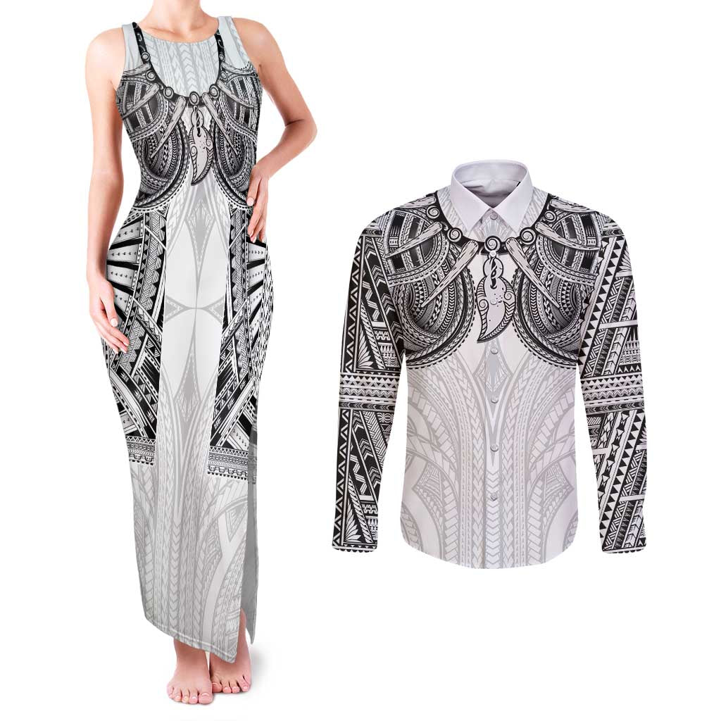 Samoan Traditional Art Tattoos Couples Matching Tank Maxi Dress and Long Sleeve Button Shirt Tatau Tribal Motifs with Ula Nifo White - Polynesian Pride