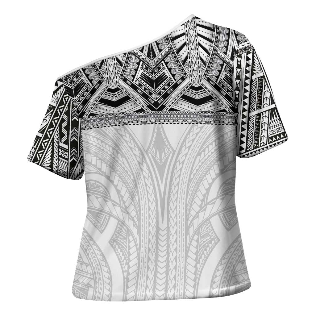 Samoan Traditional Art Tattoos Cross Shoulder Shirt Tatau Tribal Motifs with Ula Nifo White - Polynesian Pride