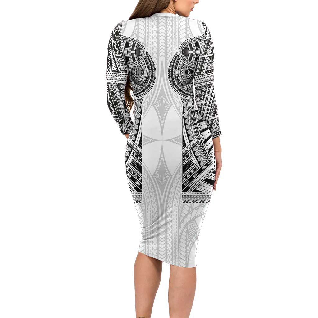Samoan Traditional Art Tattoos Family Matching Long Sleeve Bodycon Dress and Hawaiian Shirt Tatau Tribal Motifs with Ula Nifo White - Polynesian Pride