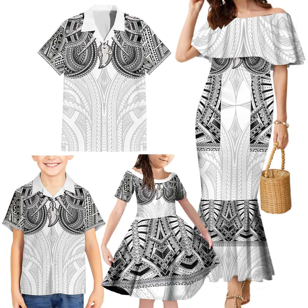 Samoan Traditional Art Tattoos Family Matching Mermaid Dress and Hawaiian Shirt Tatau Tribal Motifs with Ula Nifo White - Polynesian Pride